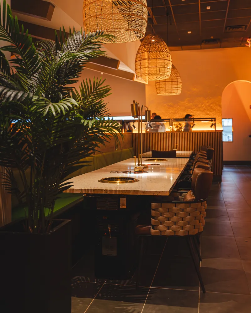 A potted palm beside a long grill table with woven-back chairs under glowing rattan pendant lamps